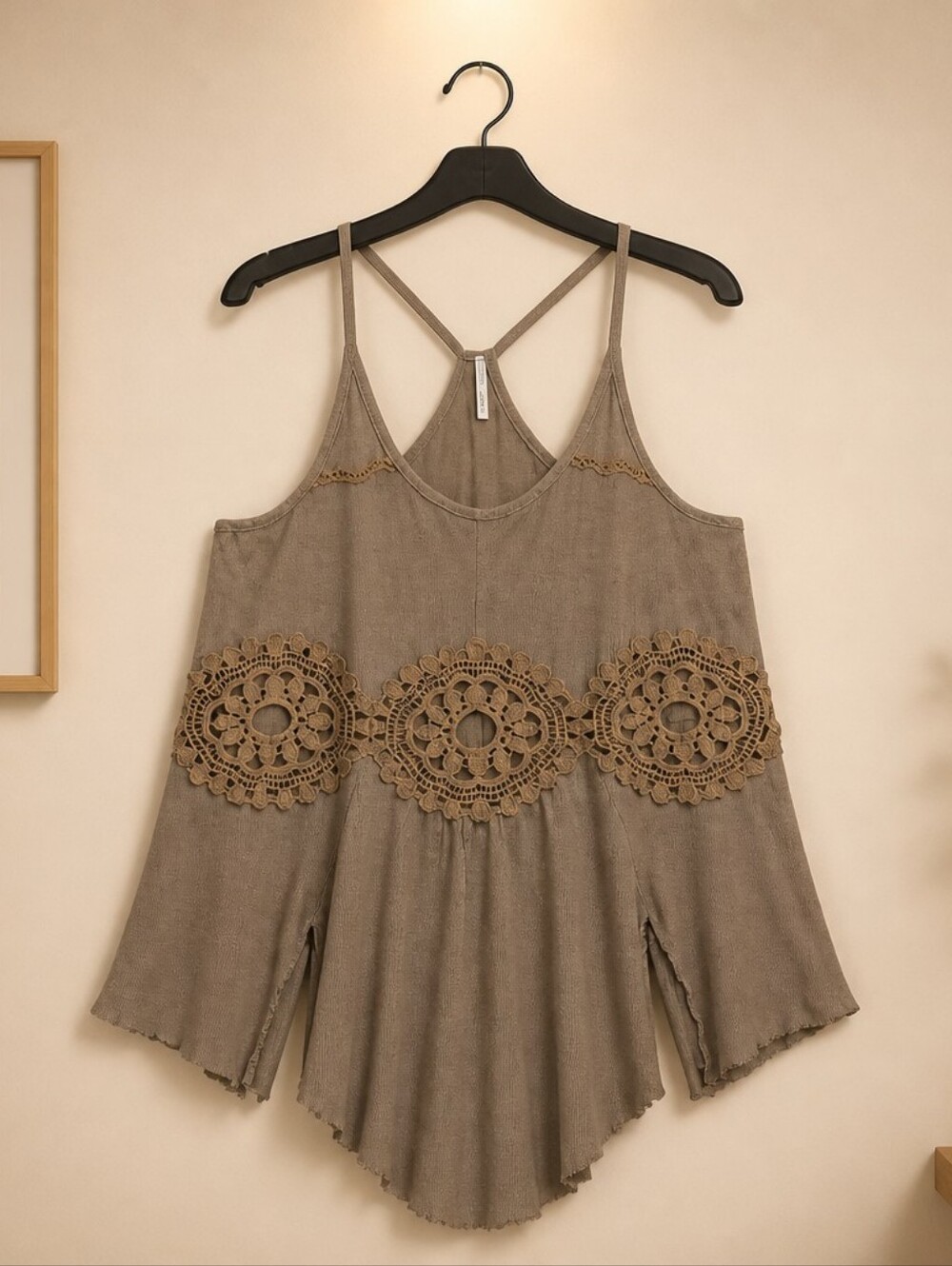 Free People Olive Crochet-Trim Racerback Camisole, Large